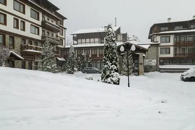 a snow covered street with buildings and a christmas tree at Green Life Bansko in Bansko