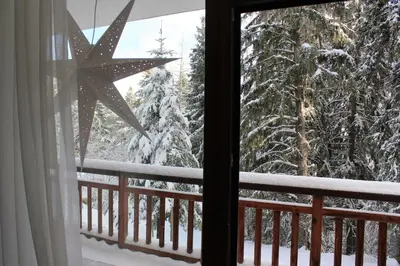 a winter view from a window with a snow covered tree at PM Services Semiramida Apartments in Borovets
