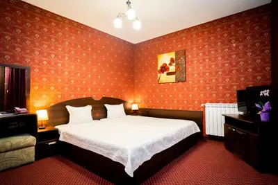 a bedroom with a bed and a television in it at Globus Hotel in Plovdiv