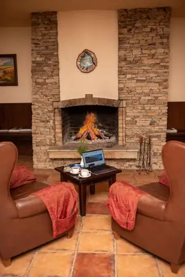 a living room with a fireplace with a laptop on a table at Mura Hotel in Bansko