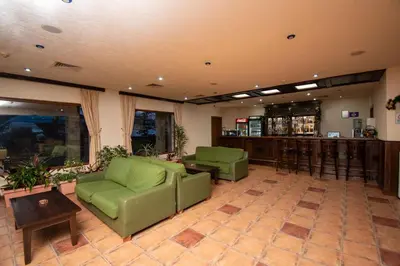a lobby with two green chairs and a bar at Mura Hotel in Bansko