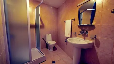 a bathroom with a toilet and a sink and a shower at Hotel Alabin Central in Sofia
