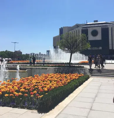 a bunch of flowers in front of a fountain at Hotel Alabin Central in Sofia