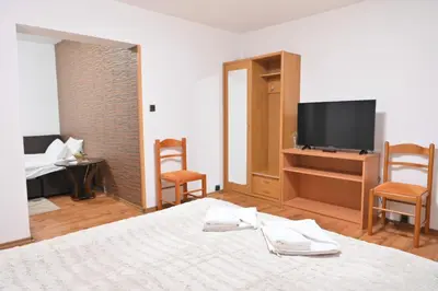 a bedroom with a bed and a flat screen tv at Hotel Rothmans-Breakfast - Free parking - Lobby in Bansko