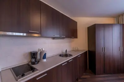 a kitchen with wooden cabinets and a sink at Aparthotel Aspen in Bansko