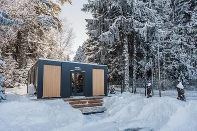 a building in the snow with snow covered trees at Villas Jagoda & Malina in Borovets