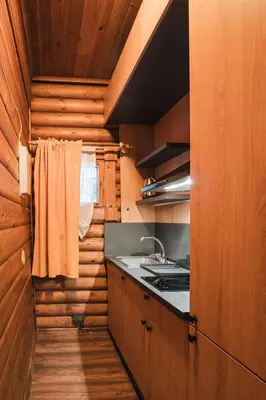 a kitchen with wooden walls and a stove top oven at Villas Jagoda & Malina in Borovets
