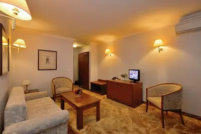 a living room with a couch and a tv at Hotel Club Central in Hisarya