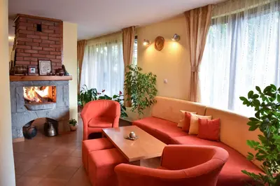a living room with a couch and chairs and a fireplace at Lina Hotel in Bansko