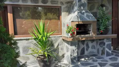 a patio with a stone fireplace and plants in a window at Guesthouse Dida in Sapareva Banya