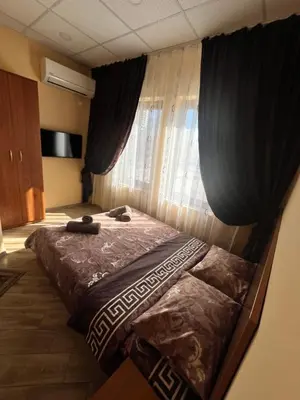 a bedroom with a bed with curtains and a window at Guesthouse Zornitsa in Hisarya