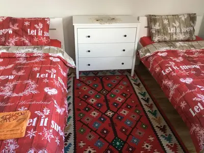 a bedroom with two beds and a dresser at Mountain View Vacation Home in Balabanska