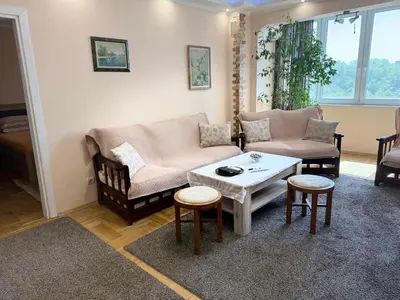 a living room with a couch and a table at Apartment Durvenitza in Sofia