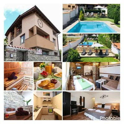 a collage of photos of a house and a pool at House of Time in Ognyanovo