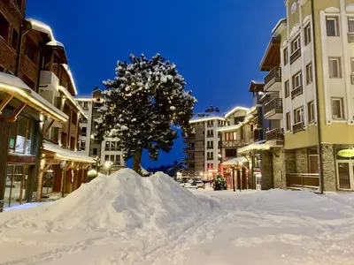 a pile of snow in the middle of a street with a tree at Entire Private Apartment in Pirin Golf & Country Club in Bansko