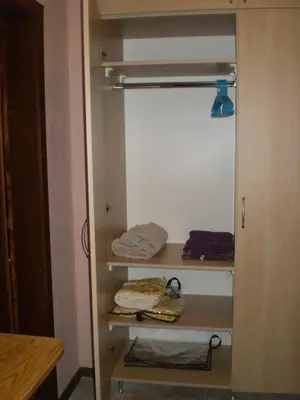 a walk in closet with shelves and towels at Studio Manushev in Sandanski