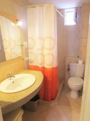 a bathroom with a toilet and a shower curtain at Asen 36 Apartment in Sofia