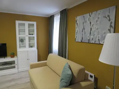 a living room with a couch and a television at Villa Park Apartment nr 216 in Borovets