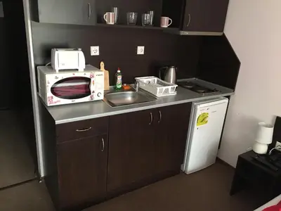 a small kitchen with a sink and a microwave at Mountain Top Mina in Bansko