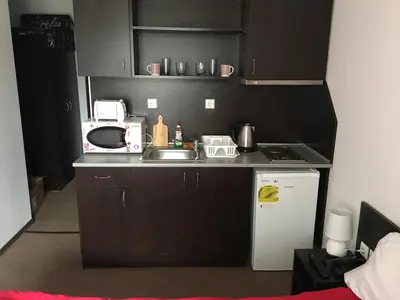 a small kitchen with a sink and a microwave at Mountain Top Mina in Bansko
