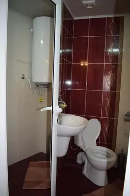 a bathroom with a toilet and a sink at Complex Pele in Zmeitsa