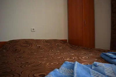 a bedroom with a bed with a brown patterned blanket at Complex Pele in Zmeitsa