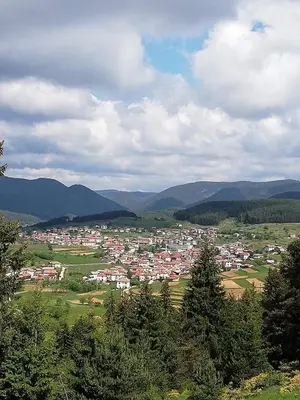 a town in the middle of a valley with mountains at Complex Pele in Zmeitsa