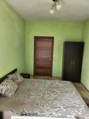 a bedroom with a bed with green walls and a door at Apartment Lachevi in Sandanski