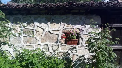 a stone wall with a flower pot on it at Villa Lyutovi Holiday Home in Koprivshtitsa