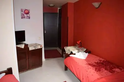a red bedroom with a bed and a television at Hotel Trakia in Plovdiv