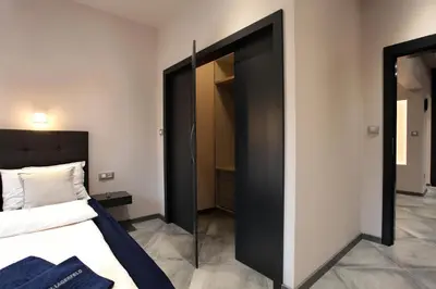 a bedroom with a bed and a glass door at Silver Springs in Sofia