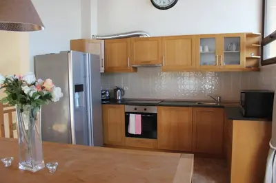 a kitchen with wooden cabinets and a stainless steel refrigerator at Chalet Mechka in Borovets