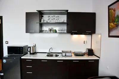 a kitchen with a sink and a microwave at Ski Apartment Boyika Iglika 2 in Borovets
