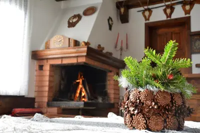 a living room with a fireplace with a christmas tree at Trenchova Guest House in Bansko