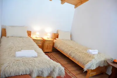 two beds in a room with two tables and two lamps at Trenchova Guest House in Bansko