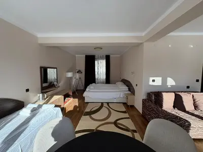a living room with two beds and a tv at Apartments Black Horse in Pamporovo