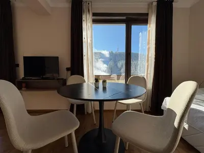 a dining room with a table and chairs and a window at Apartments Black Horse in Pamporovo