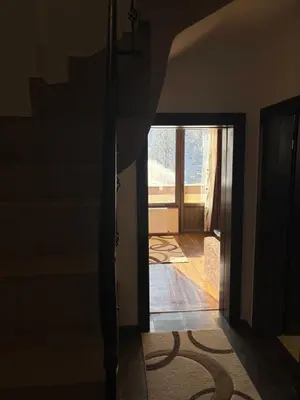 a hallway with stairs and a shadow of a door at Apartments Black Horse in Pamporovo