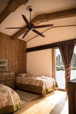 a bedroom with a bed and a ceiling fan at Villa Nataly at Golf Resort in Bansko
