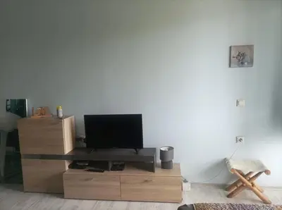 a living room with a tv on a wooden entertainment center at Central Studio Maritsa in Plovdiv