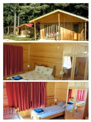two pictures of a cabin with a bed and a room at Бунгала Говедарци in Govedartsi