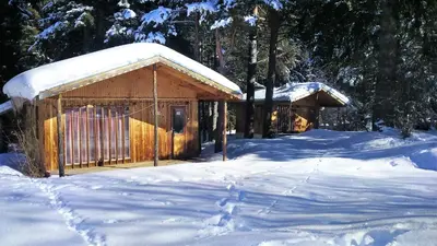 a wooden cabin with snow on the ground at Бунгала Говедарци in Govedartsi