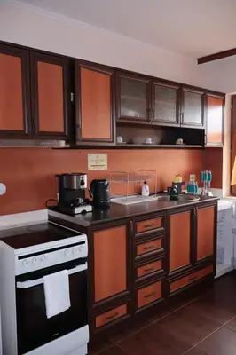 a kitchen with wooden cabinets and a stove top oven at Valevitsata Guesthouse in Razlog