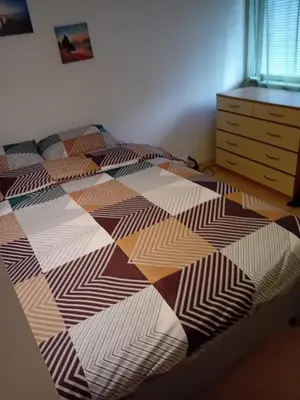 a bed with a comforter and a dresser in a bedroom at Apartment Lili in Blagoevgrad