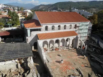 an aerial view of a building with a red roof at Main Street Apartment in Sandanski