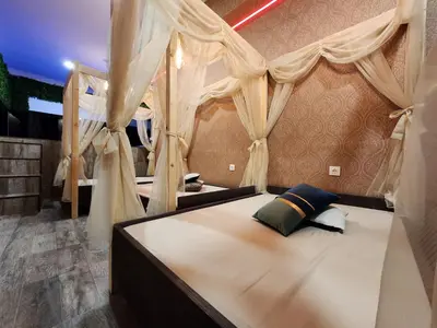a bedroom with a bed with a canopy and curtains at Hotel Central Point in Sofia