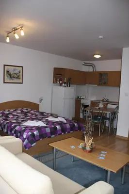 a living room with a bed and a table at Studio Moni in Pamporovo