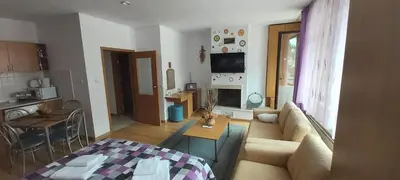 a living room with a couch and a table at Studio Moni in Pamporovo