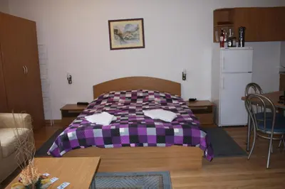 a bedroom with a bed with a checkered blanket at Studio Moni in Pamporovo