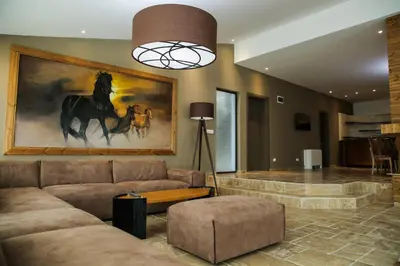 a living room with a couch and a painting of a horse at Vila Antik in Garmen